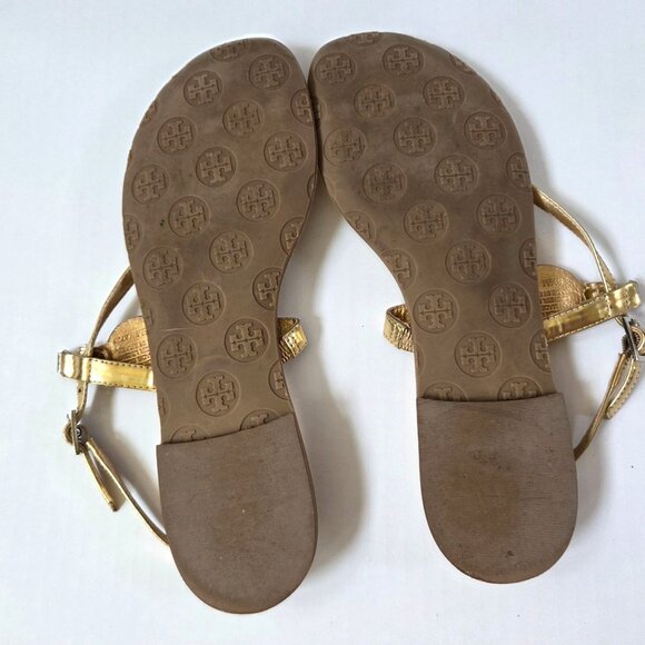 Tory Burch Ali Sandals Womens 8.5 Metallic Gold Leather Ankle Strap Thongs - Picture 9 of 10